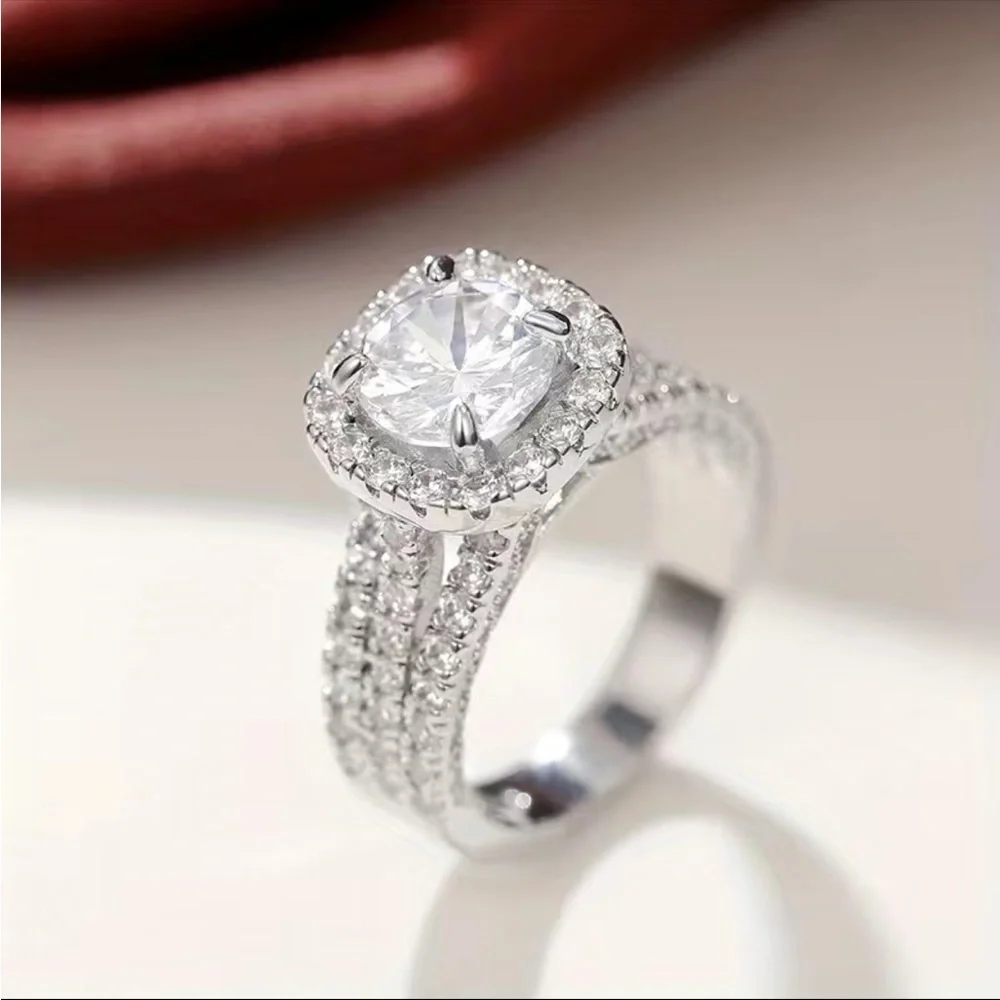 New 925 Silver Micro Pave 3 Row Diamond Women Engagement Wedding Party Ring - Picture 2 of 6
